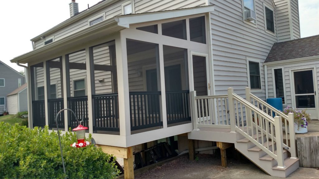 Tan Screened Porch with Black Vinyl Rails- Deck Builder Frederick MD