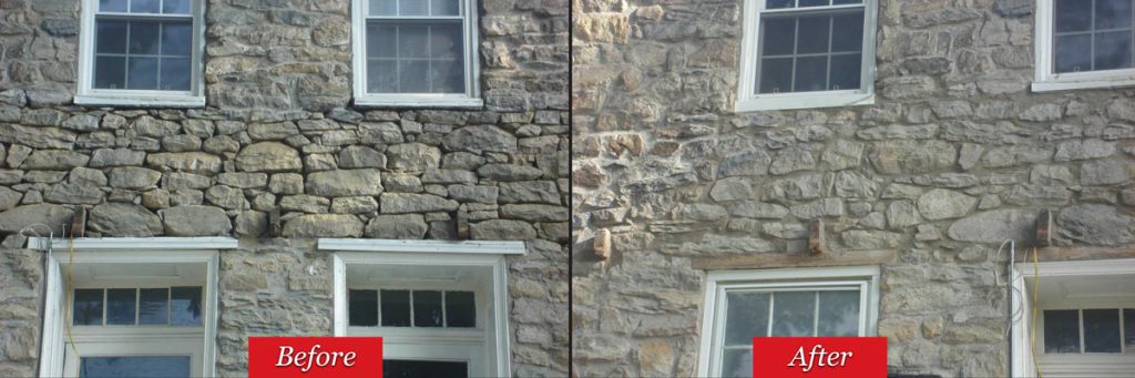 Before and After Pressure Washing of Stone Wall- Frederick MD